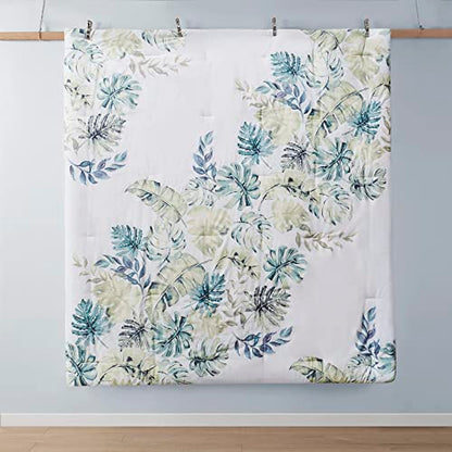 Harbor House Cozy Cotton Comforter Set - Coastal, All Season Down Alternative Casual Bedding with Matching Shams, Decorative Pillows, Lorelai, Monstera Leaf Green King(110"x96") 6 Piece