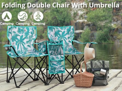 VINGLI Beach Chair with Umbrella for Adults, Double Camping Chair with Canopy & Cooler Fold-Up Table, Carrying Bag, Folding Chair for Outdoor (Pineapple Pattern)