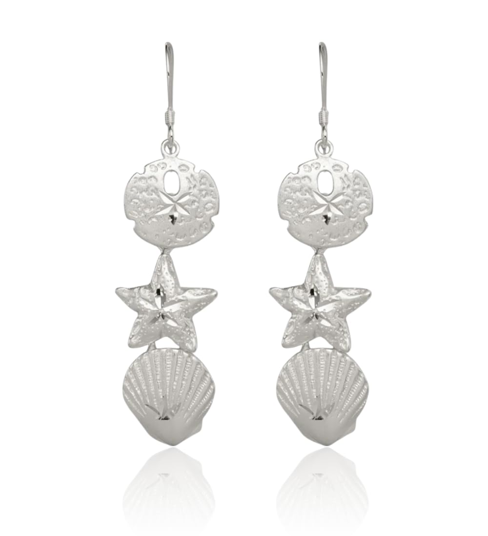 Sterling Silver Drop Dangle Sand Dollar Starfish Seashell Earrings 58mm Polished Beach Jewelry For Women Gift Nature Theme