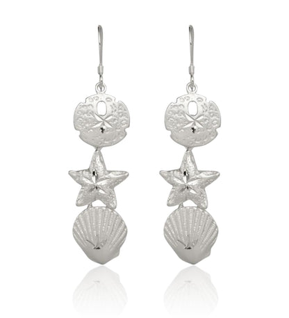 Sterling Silver Drop Dangle Sand Dollar Starfish Seashell Earrings 58mm Polished Beach Jewelry For Women Gift Nature Theme