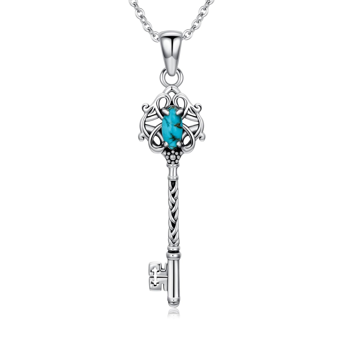 BETHZA Turquoise Key Necklace 925 Sterling Silver Natural Turquoise Gemstone Key Pendant Western Bohemian Jewelry for Women Gifts for Birthday