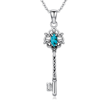 BETHZA Turquoise Key Necklace 925 Sterling Silver Natural Turquoise Gemstone Key Pendant Western Bohemian Jewelry for Women Gifts for Birthday