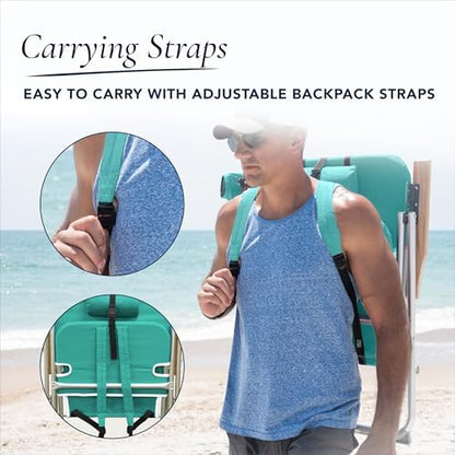 CARIBBEAN JOE Folding Beach Sand Chair, 4 Position Recline, High Seat, Portable Backpack Carry Straps, Foldable, Camping, Headrest, Cup Holder, and Wooden Armrests, 300 lb Capacity, Teal