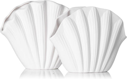 Seashell Vase Set of 2 - White Sea Shell Vase, Coastal Clam Shell Shaped Vases Decor for Table, Beach Ceramic Seashell Flower Vases Home Décor Accents for Pampas Grass, Ocean Aesthetic Room Decoration