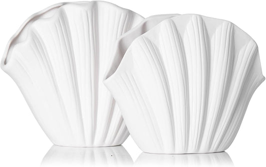 Seashell Vase Set of 2 - White Sea Shell Vase, Coastal Clam Shell Shaped Vases Decor for Table, Beach Ceramic Seashell Flower Vases Home Décor Accents for Pampas Grass, Ocean Aesthetic Room Decoration