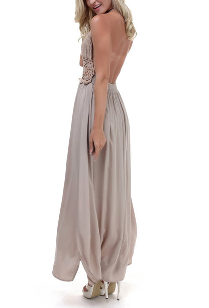 LILBETTER Women's Beach Crochet Backless Bohemian Halter Maxi Long Dresses(Khaki,X-Large)