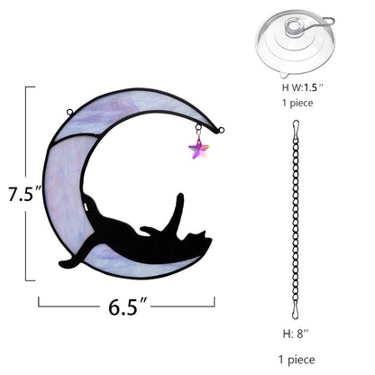 BOXCASA Black Cat Moon Suncatchers for Windows Hanging,Funny Stained Glass Cats Gift,Witchy Gifts for Women,Cats Themed Gifts for Women