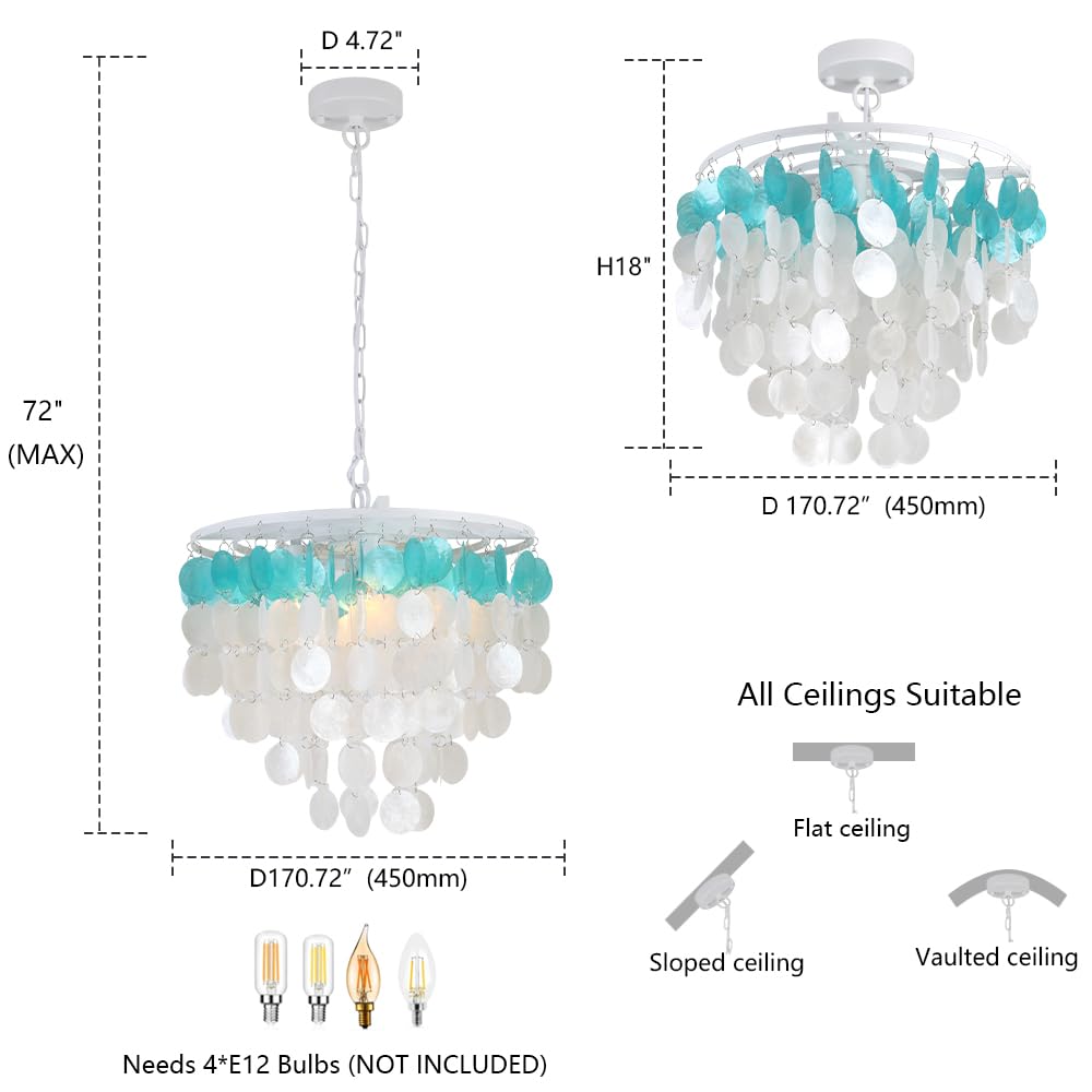 JC TOPA 4-Light Shells Chandelier, Modern Coastal Dining Room Light Fixtures, 17.7” Boho Seashell Light Fixtures for Bathroom Chandeliers Over Tub, Kitchen, Foyer, White and Blue