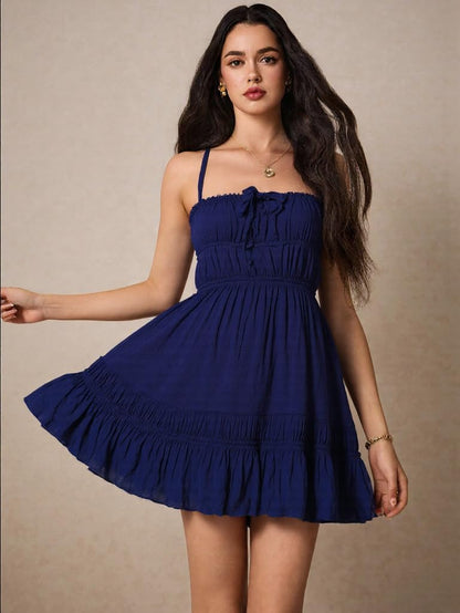ForeMode Women's Summer Beach Dresses Bodycon Mini Dress Spaghetti Strap Low Cut Backless Casual Clubwear Boho Skirt with Pockets (Navy Blazer,XS)