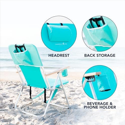 CARIBBEAN JOE Folding Beach Sand Chair, 4 Position Recline, High Seat, Portable Backpack Carry Straps, Foldable, Camping, Headrest, Cup Holder, and Wooden Armrests, 300 lb Capacity, Teal