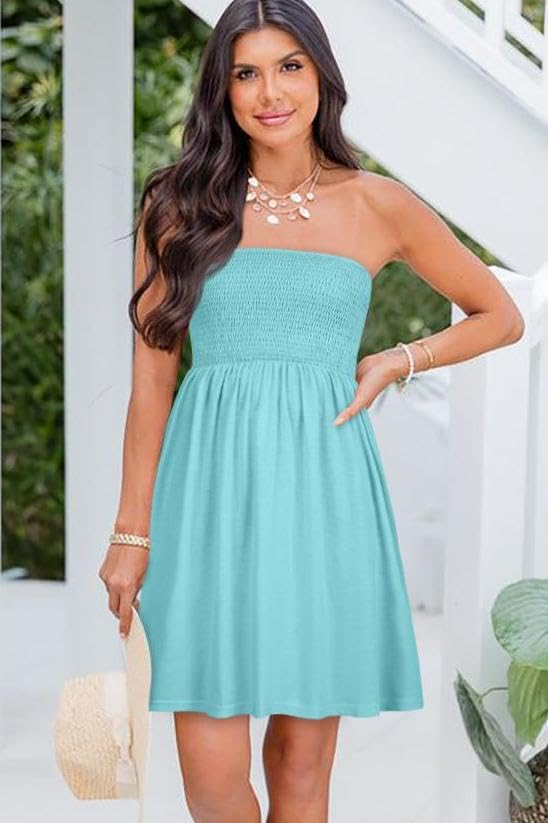 Summer Dresses for Women Strapless Casual Beach Cover Ups Tube Top Sundress（Aqua Blue, 2XL