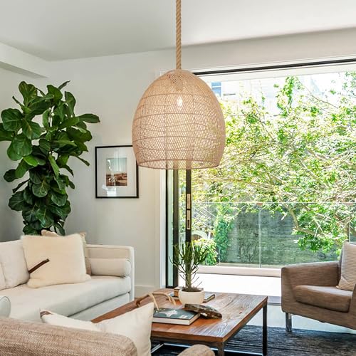 WALMHEIM 17.7" Large Farmhouse Chandeliers for Dining Room, 1-Light Rattan Boho Chandelier Light Fixture Coastal Wicker Hanging Pendant Lighting for Kitchen Island Bedroom Living Room Nursery