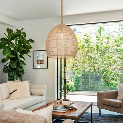 WALMHEIM 17.7" Large Farmhouse Chandeliers for Dining Room, 1-Light Rattan Boho Chandelier Light Fixture Coastal Wicker Hanging Pendant Lighting for Kitchen Island Bedroom Living Room Nursery
