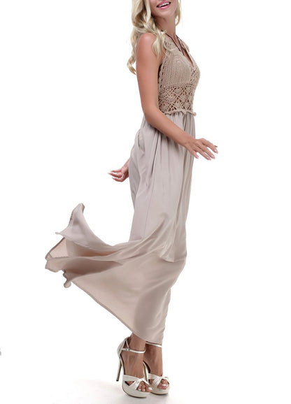 LILBETTER Women's Beach Crochet Backless Bohemian Halter Maxi Long Dresses(Khaki,X-Large)