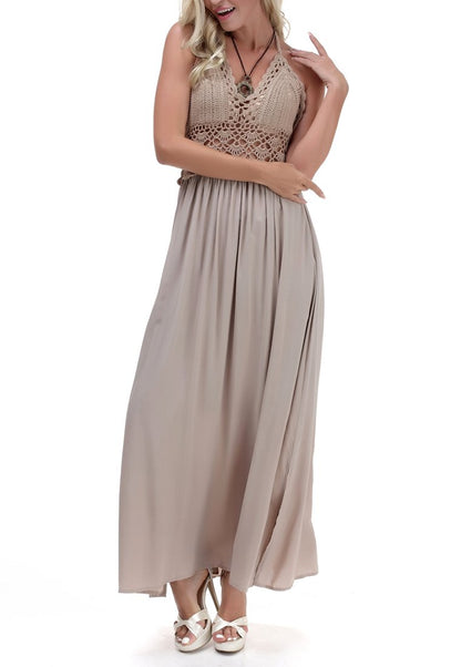 LILBETTER Women's Beach Crochet Backless Bohemian Halter Maxi Long Dresses(Khaki,X-Large)