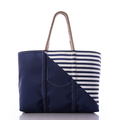 Sea Bags Recycled Sail Cloth Breton Stripe White Anchor Large Tote Bag Beach Bag Tote, Large Travel Carryall, Tote Bag for Work with Rope Handles. Made in the USA