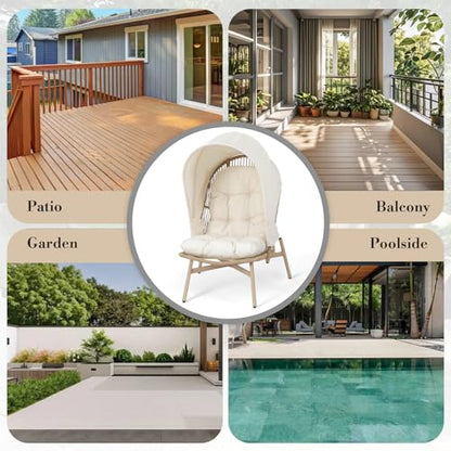 Athena Collection Patio Wicker Egg Chair with Folding Canopy, All-Weather Rattan Patio Lounge Chair with Sun Shade, Balcony Furniture Outside Seating for Front Porch, Garden, Poolside, Outdoor, Beige