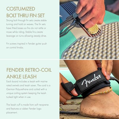 Fender x Wavestorm Collaboration 8ft Surfboard | Graphic top Deck with high Density Slick Bottom | for Kids and Adults | Foam Construction with Accessories | Leg Leash and Fin Set Included