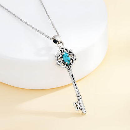BETHZA Turquoise Key Necklace 925 Sterling Silver Natural Turquoise Gemstone Key Pendant Western Bohemian Jewelry for Women Gifts for Birthday