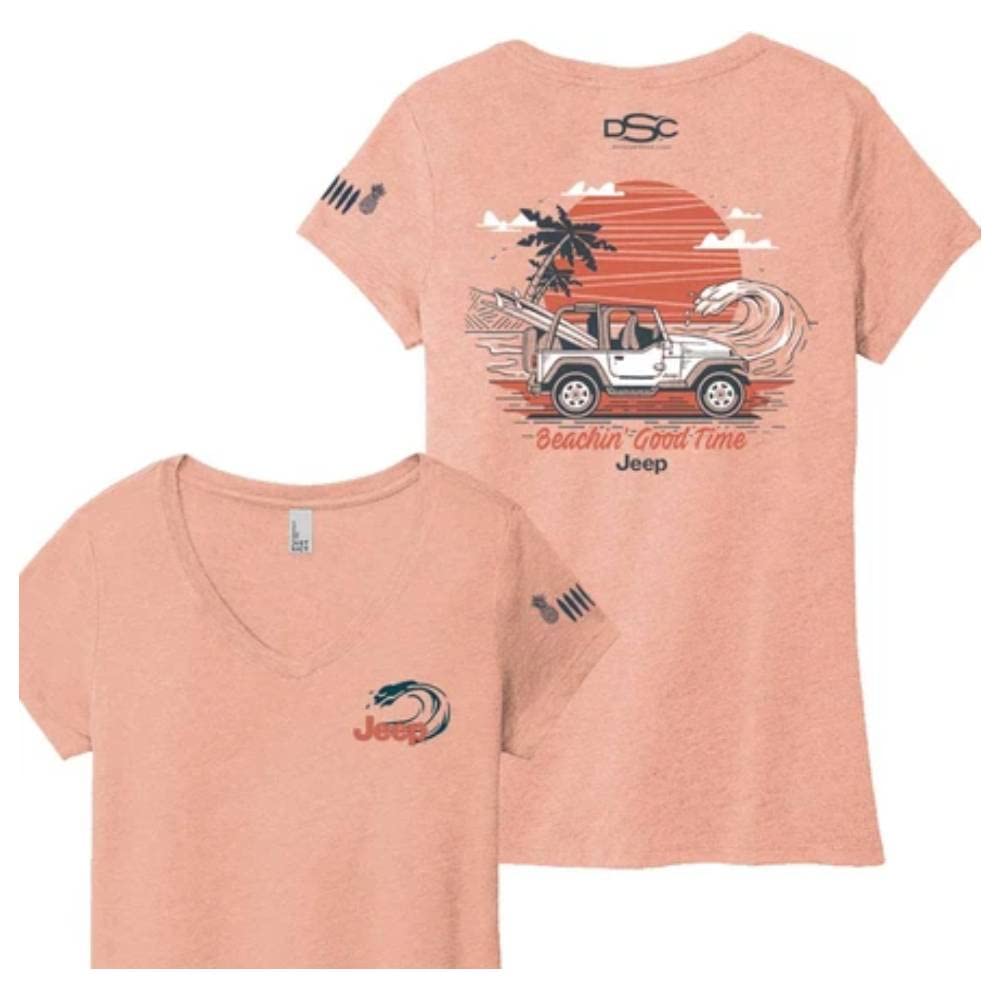 Jeep Ladies Beachin' Good Time V-Neck T-Shirt for Women (Heather Peach, XXL)