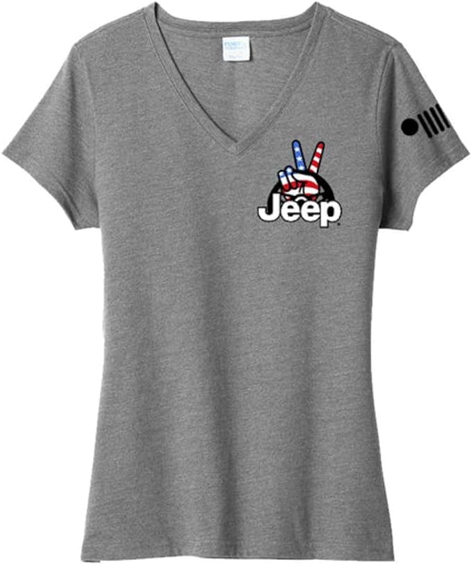 Jeep Ladies Wave USA V-Neck T-Shirt (Heather Grey, XXL)