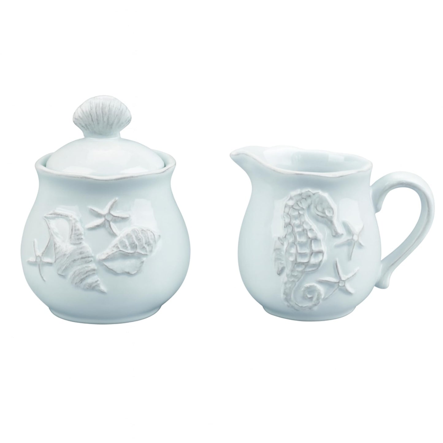 Blue Sky Clayworks Laguna Coastal Sugar & Creamer Set, Ceramic, Sugar Bowl 4" x 4" x 5"; Creamer 5" x 3.5" x 4", Seashell & Seahorse Charm