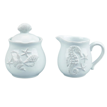 Blue Sky Clayworks Laguna Coastal Sugar & Creamer Set, Ceramic, Sugar Bowl 4" x 4" x 5"; Creamer 5" x 3.5" x 4", Seashell & Seahorse Charm