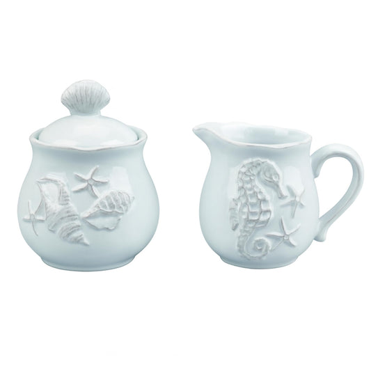 Blue Sky Clayworks Laguna Coastal Sugar & Creamer Set, Ceramic, Sugar Bowl 4" x 4" x 5"; Creamer 5" x 3.5" x 4", Seashell & Seahorse Charm