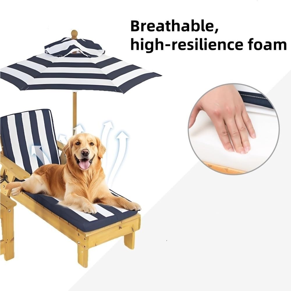 Elevated Dog Bed with Removable Cushion, Modern Dog Lounge Chair with Shade Umbrella and Side Table, Outdoor Pet Chaise for Backyard, Pool, Beach(Blue)