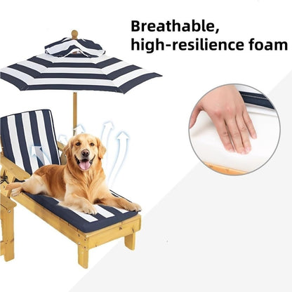 Elevated Dog Bed with Removable Cushion, Modern Dog Lounge Chair with Shade Umbrella and Side Table, Outdoor Pet Chaise for Backyard, Pool, Beach(Blue)