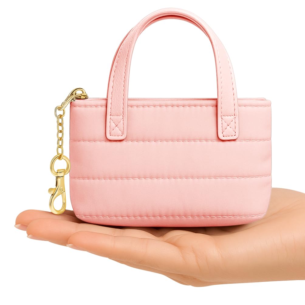 MyfavoriteK Mini Puffer Tote Bag Keychain Puffy Purse Keyring with Gold Heart Charm Cute Bag Charm Gift for Women Girls Teens Key Ring (Pink)