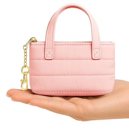 MyfavoriteK Mini Puffer Tote Bag Keychain Puffy Purse Keyring with Gold Heart Charm Cute Bag Charm Gift for Women Girls Teens Key Ring (Pink)