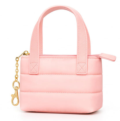 MyfavoriteK Mini Puffer Tote Bag Keychain Puffy Purse Keyring with Gold Heart Charm Cute Bag Charm Gift for Women Girls Teens Key Ring (Pink)
