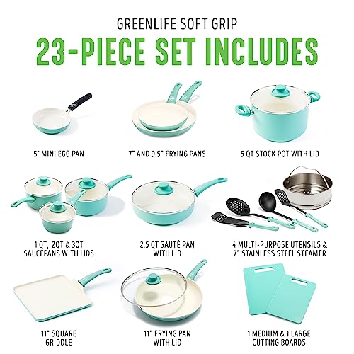 GreenLife Soft Grip 23 Piece Kitchen Cookware Pots and Frying Saucepans Set, Healthy Ceramic Nonstick PFAS and PFOA-Free, Dishwasher and Oven Safe, Even Heating, Easy Clean, Warp Control, Turquoise