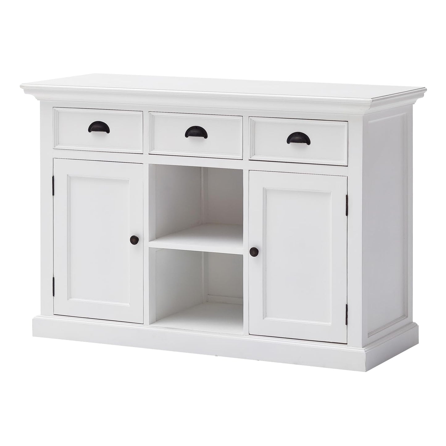 NovaSolo Halifax Pure White Mahogany Wood Sideboard Dining Buffet With Storage, 3 Drawers And 2 Rattan Baskets