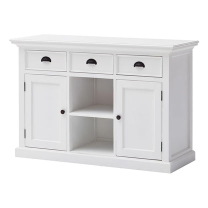 NovaSolo Halifax Pure White Mahogany Wood Sideboard Dining Buffet With Storage, 3 Drawers And 2 Rattan Baskets
