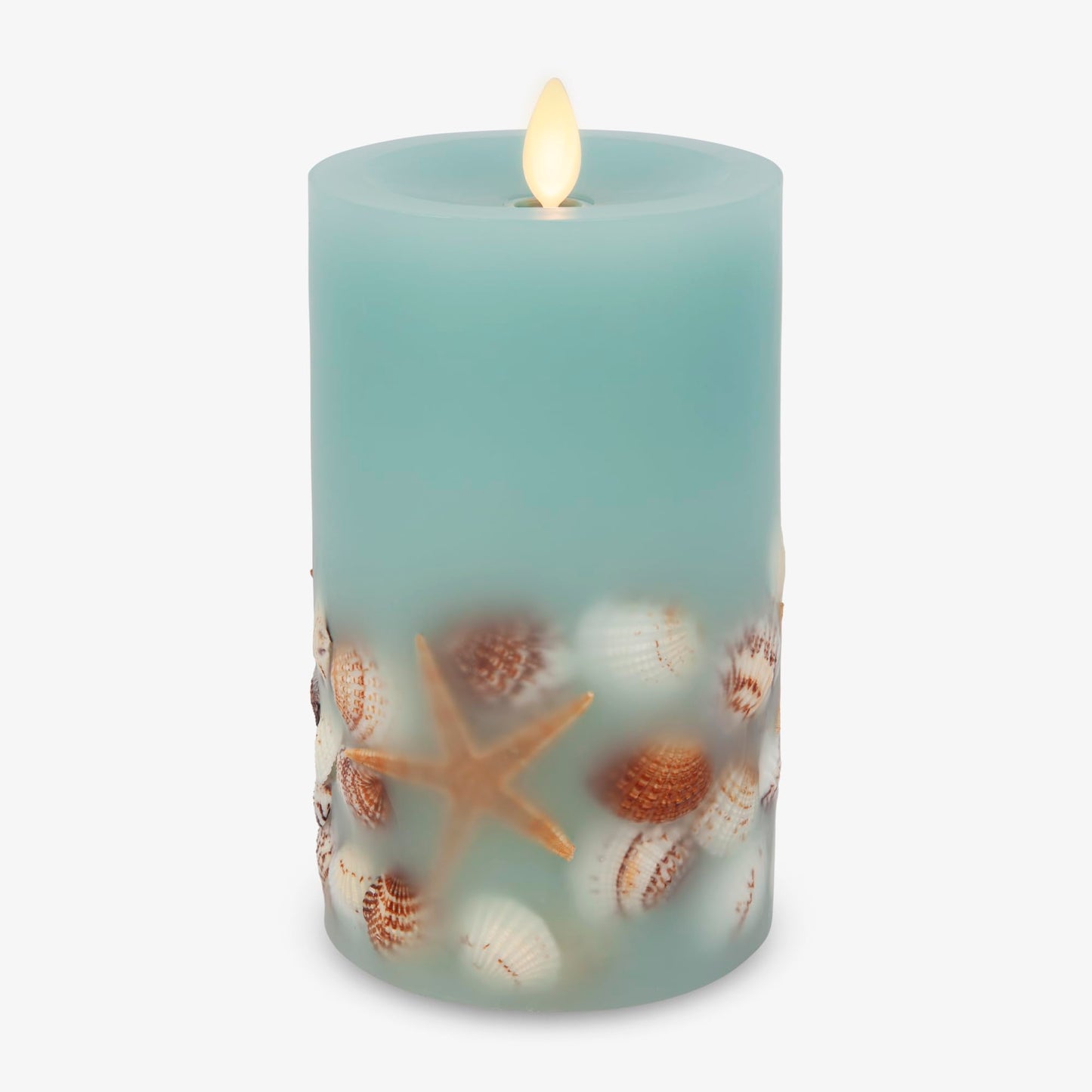 Luminara Flameless LED Candle Soft Teal Embedded Seashell & Starfish Moving Flame Pillar Unscented Real Wax with Recessed Edge, Timer (6.5-inch)