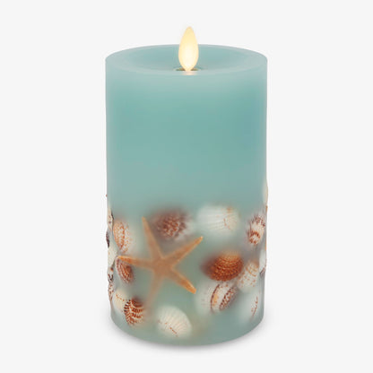 Luminara Flameless LED Candle Soft Teal Embedded Seashell & Starfish Moving Flame Pillar Unscented Real Wax with Recessed Edge, Timer (6.5-inch)
