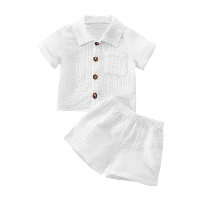 Baby Boys Clothes Set Toddler Infant Boys Button-down Shirt Tops + Cotton Gauze Shorts Summer Outfit 2PCS with Pockets (White, 6-12 Months)