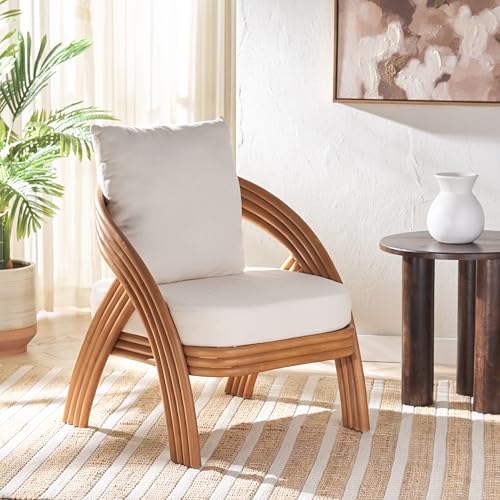 SAFAVIEH Couture Collection Demarco Tropical Coastal Natural Rattan/White Linen Cushion Accent Chair (Fully Assembled)