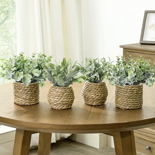 Small Fake Potted Plants: 7 Inches Artificial Plants with Seagrass Handwoven Planters, Indoor Farmhouse Decorations, Eucalyptus Plant for Home Bathroom Office Shelf Tabletop Desk Room Decor or Gift