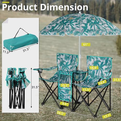 VINGLI Beach Chair with Umbrella for Adults, Double Camping Chair with Canopy & Cooler Fold-Up Table, Carrying Bag, Folding Chair for Outdoor (Pineapple Pattern)