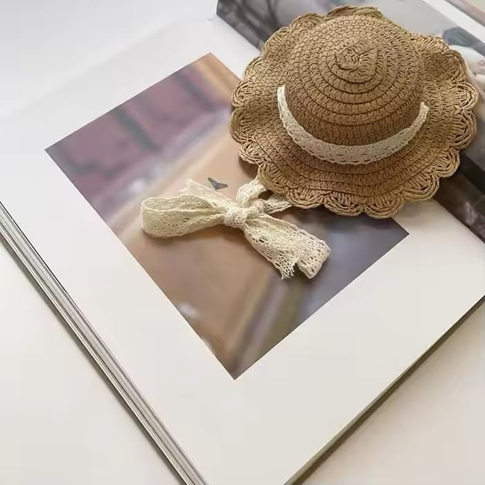 Pet Straw Sun Hat - Lace - Trimmed Summer Beach Hat with Bow, Adjustable Sun Protection Cap for Small Dogs & Cats (Size M, Khaki)