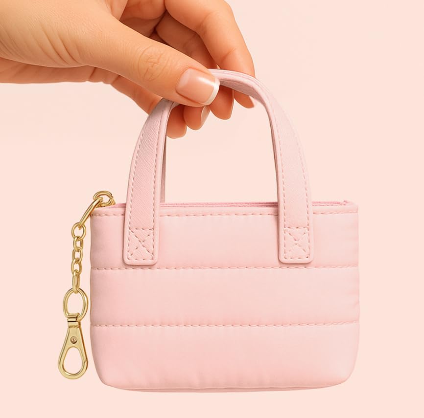 MyfavoriteK Mini Puffer Tote Bag Keychain Puffy Purse Keyring with Gold Heart Charm Cute Bag Charm Gift for Women Girls Teens Key Ring (Pink)
