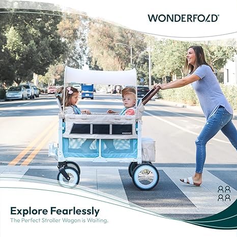 WONDERFOLD Volkswagen Stroller Wagon (4 Seater) - Collapsible Wagon Stroller with VW Bumper, Functioning Headlights, and All-Terrain XL Wheels
