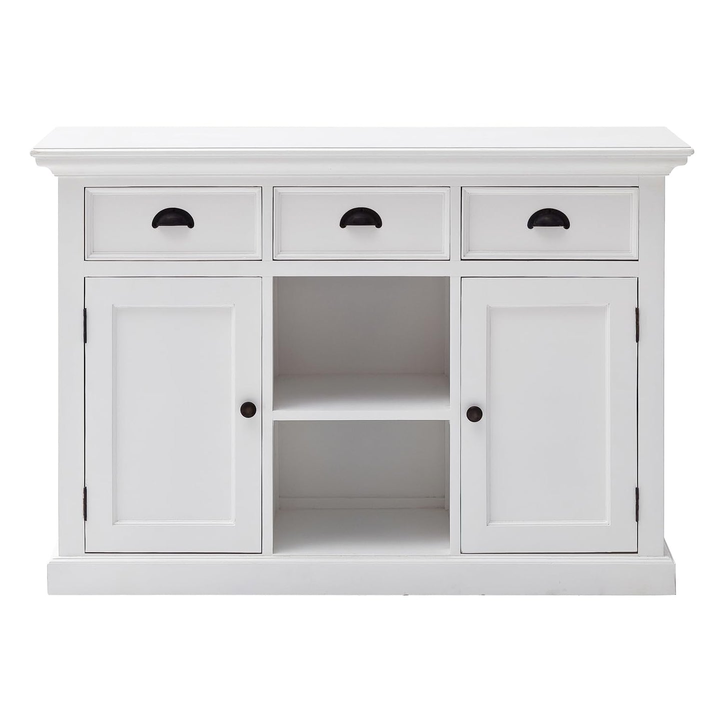 NovaSolo Halifax Pure White Mahogany Wood Sideboard Dining Buffet With Storage, 3 Drawers And 2 Rattan Baskets