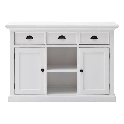 NovaSolo Halifax Pure White Mahogany Wood Sideboard Dining Buffet With Storage, 3 Drawers And 2 Rattan Baskets
