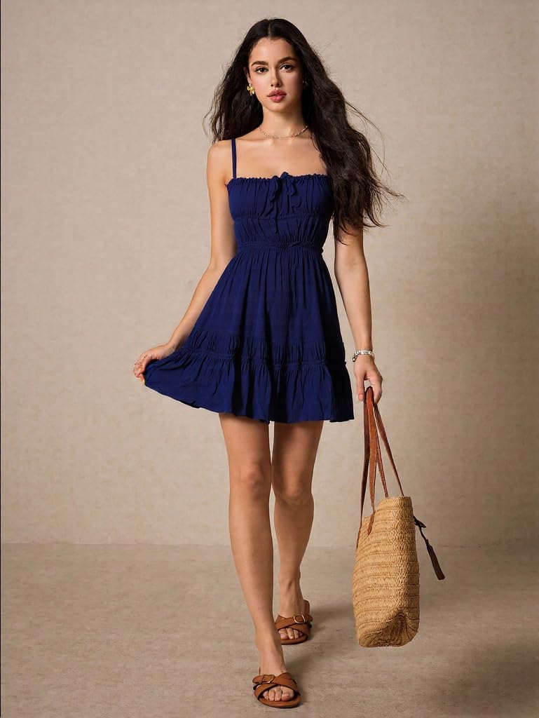 ForeMode Women's Summer Beach Dresses Bodycon Mini Dress Spaghetti Strap Low Cut Backless Casual Clubwear Boho Skirt with Pockets (Navy Blazer,XS)