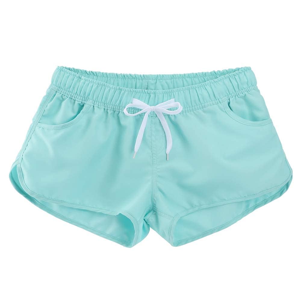 Women's Athletic Casual Beach Shorts Boardshorts Summer Floral Quick Dry Swim Trunks, Turquoise L