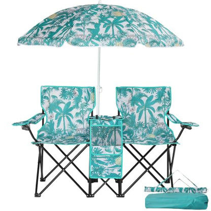 VINGLI Beach Chair with Umbrella for Adults, Double Camping Chair with Canopy & Cooler Fold-Up Table, Carrying Bag, Folding Chair for Outdoor (Pineapple Pattern)